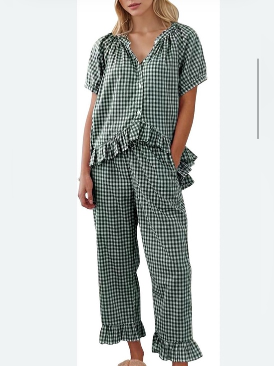 Amazon Pants - Flygo Set Green Gingham Ruffle Trim Top and Drawstring Pants Cotton Size 2XL